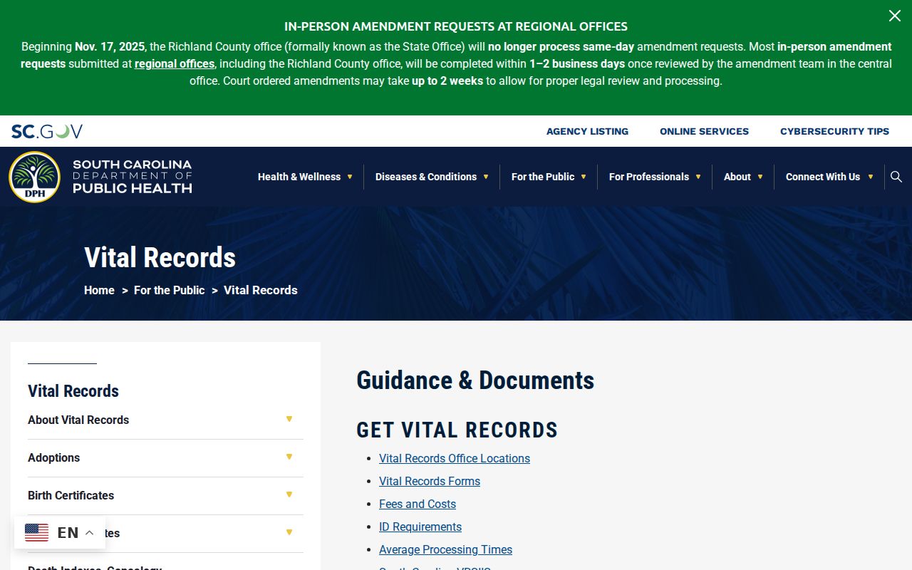 York County residents directory South Carolina DPH vital-records request hub