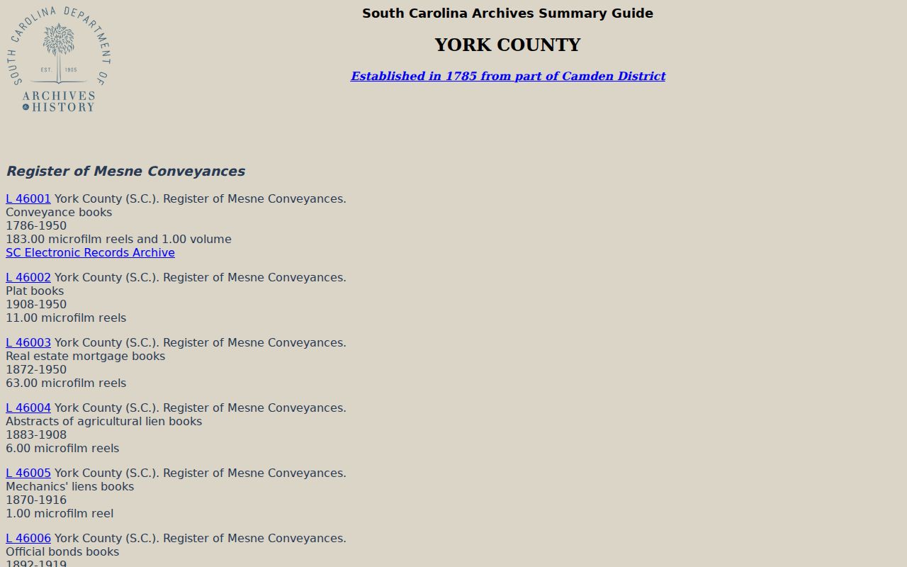 York County previous residents research through the South Carolina Archives York County records guide
