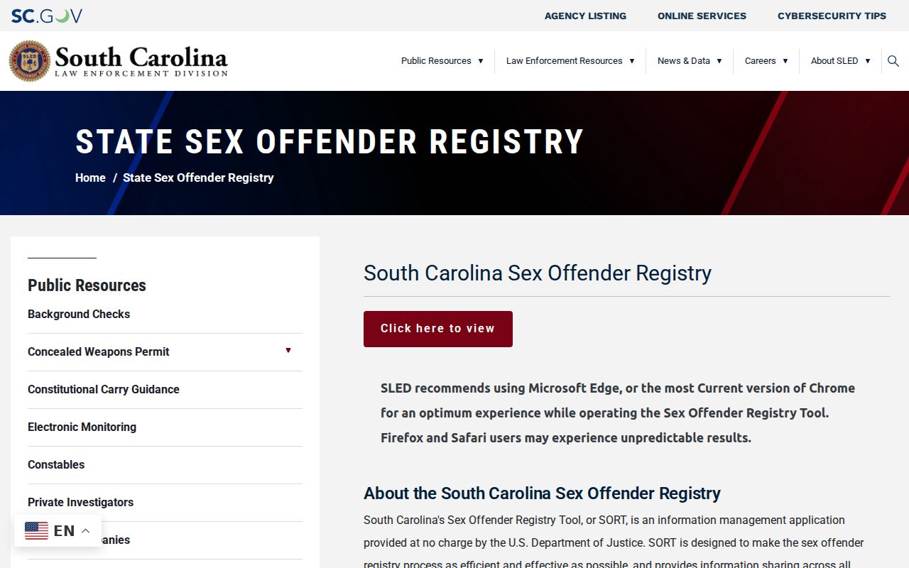 York County resident lookup screenshot of the South Carolina SLED registry entry