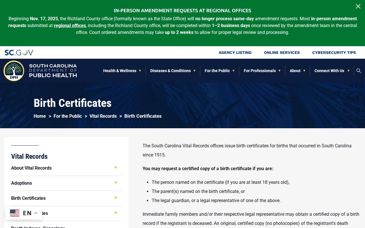 York County resident lookup screenshot of South Carolina birth certificate request instructions