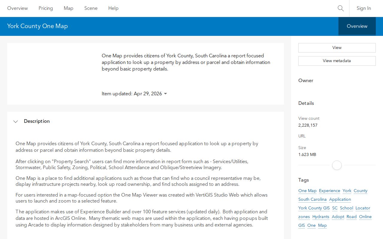 York County ZIP code lookup screenshot of the One Map ArcGIS application