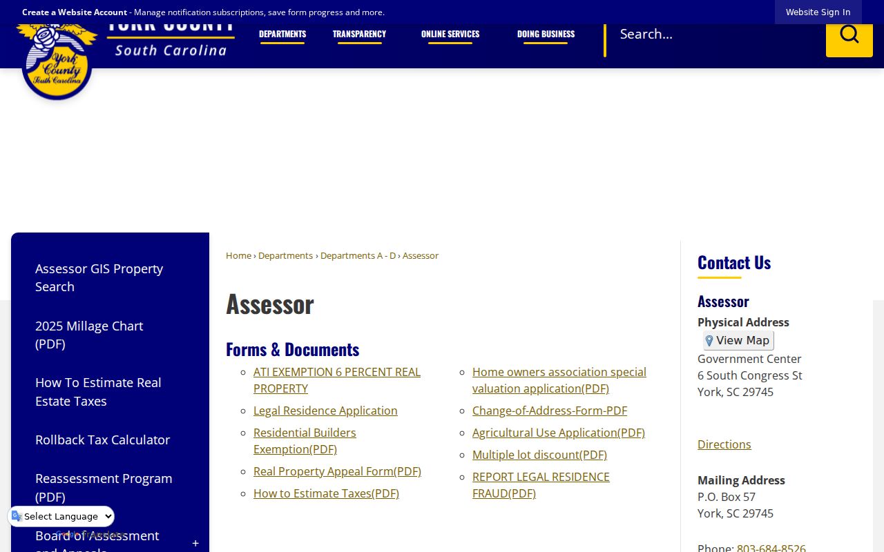 York County ZIP code lookup screenshot of the York County Assessor office page