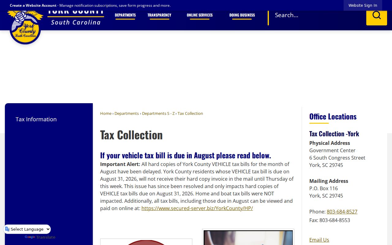 York County ZIP code lookup screenshot of the York County Tax Collection page